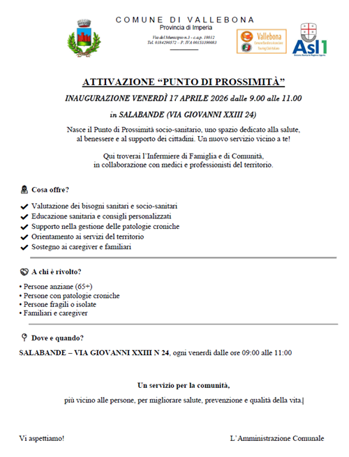 Inaugurazione Punto di Prossimità ASL1 in Salabande venerdì 17/04/2026